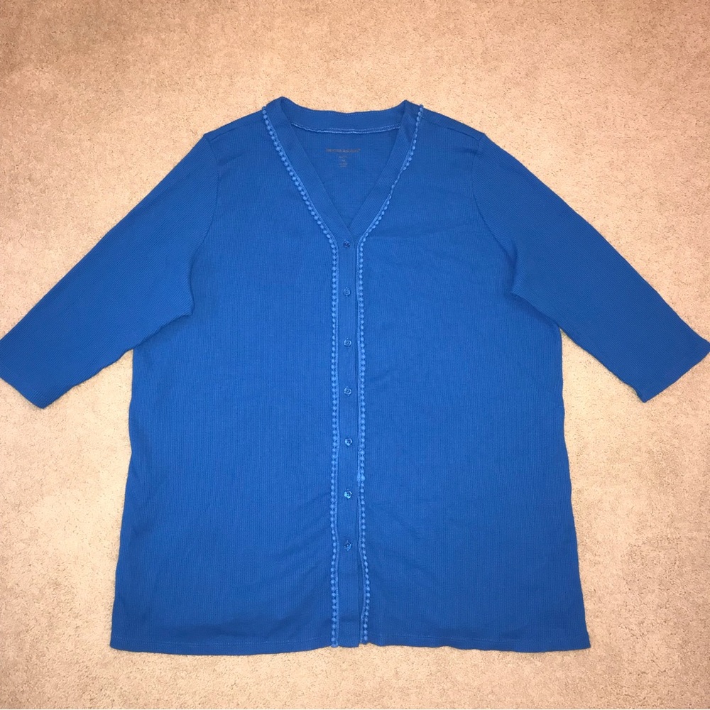 Woman Within Waffle Knit Thermal Tunic Top Plus Size 1X 22 24 Blue Button Down